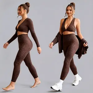 Women's 3 Piece Leopard Print Yoga Set - High Waist Leggings, Halter Sports Bra, Long Sleeve Cardigan for Workout & Casual