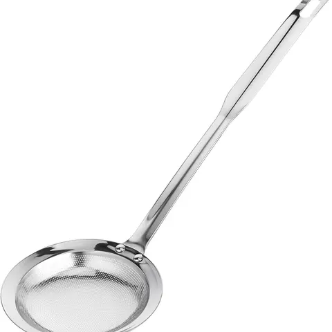 Extra-Large Stainless Steel Fat Skimmer Spoon - Sturdy Long Handle Fine Mesh Strainer, Heat-Safe Durable Kitchenware, Stainless Steel Utensils for Big-Pot Skimming, Grease/Oil/Foam Removal, Clearer Soups, Hand Protection, Tiny Food Bits Trapping