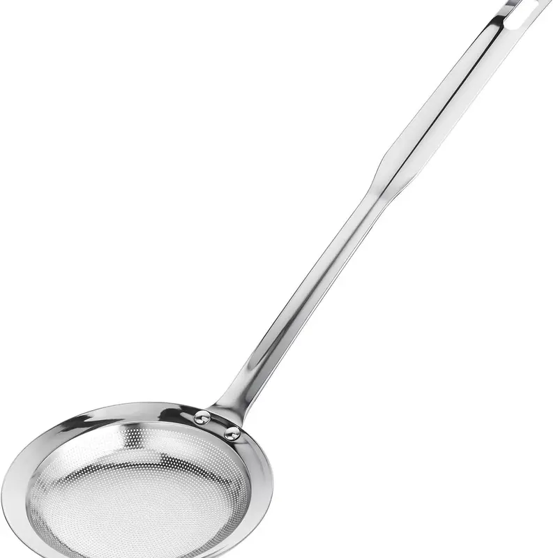 Extra-Large Stainless Steel Fat Skimmer Spoon - Sturdy Long Handle Fine Mesh Strainer, Heat-Safe Durable Kitchenware, Stainless Steel Utensils for Big-Pot Skimming, Grease/Oil/Foam Removal, Clearer Soups, Hand Protection, Tiny Food Bits Trapping