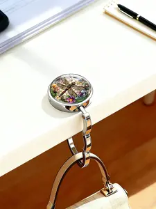 Stained Glass Dragonfly & Floral Purse Hook, Foldable Metal Table Bag Hanger, Portable Handbag Holder for Desk, Anti-Slip Bag Hook for Women