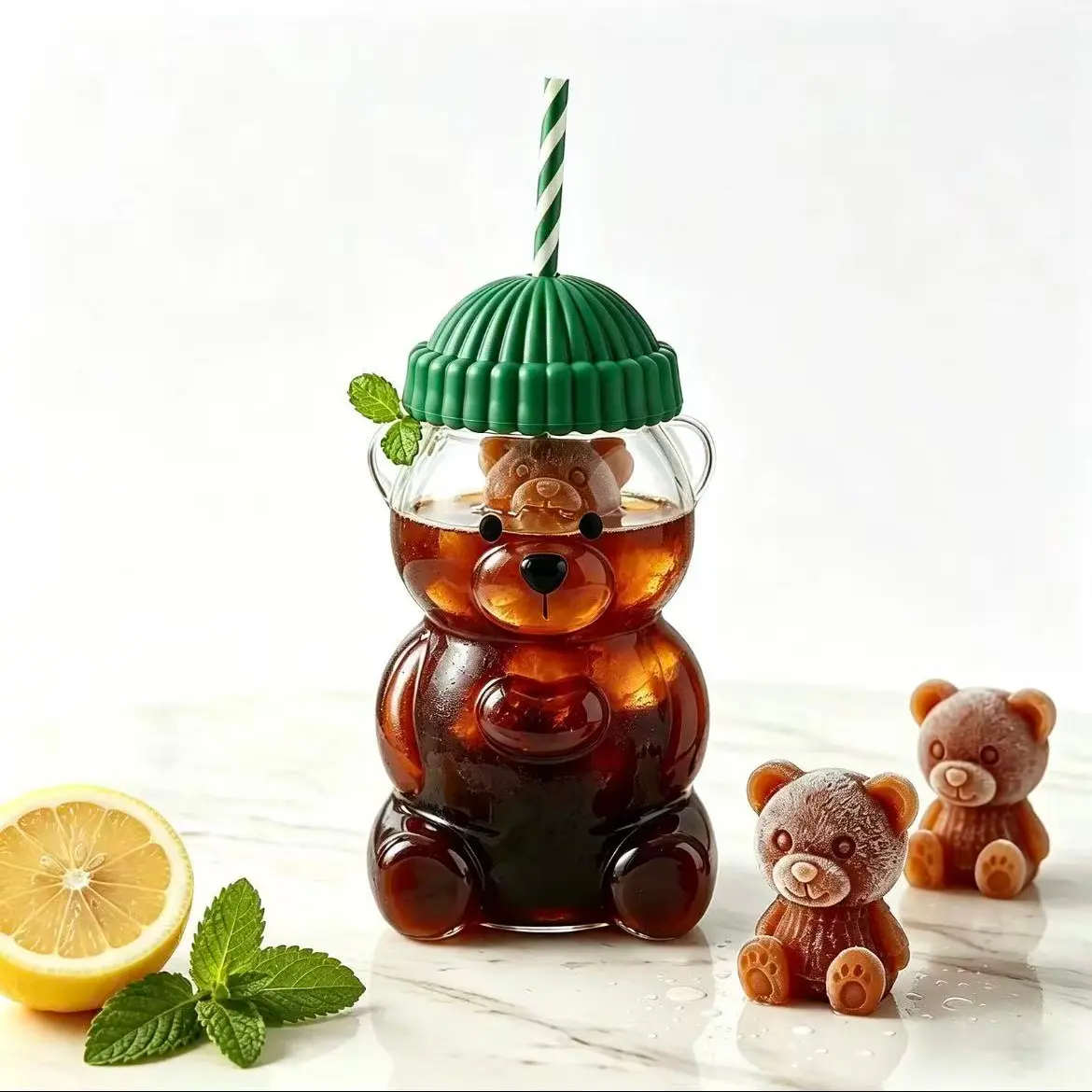 Cute Bear Design Glass Water Cup, Drinkware, 20oz Capacity, Perfect for Coffee and Juice, Includes Straw and Lid, Ideal Holiday Gift, Reusable Drinkware
