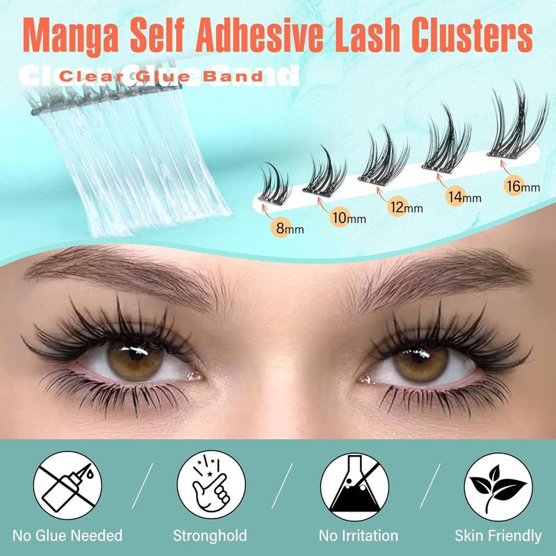 Manga Self Adhesive Eyelashes Extension Tool Natural Look Self Adhesive Lash Clusters No Glue Needed Asian Anime Pre Glued Lashes Natural Lash Clusters Reusable C-Curly Spiky Pre Glued Eyelashes 8-16MM