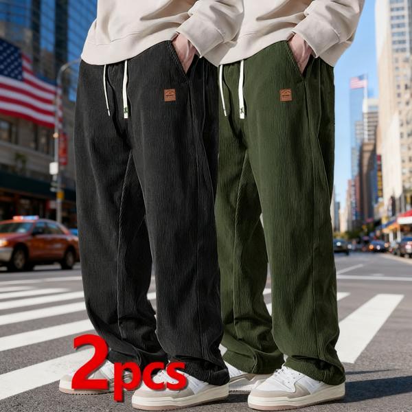 Trendy Brand 2 PIECE SET Men's Corduroy Straight Leg Sweatpants Autumn New Arrival Loose Fit Wide Leg Casual Pants for Autumn & Winter Menswear Trouser Beige Plain Black + Olive Green Pocket casual comfy loose fitting trouser durable fabric