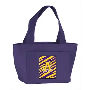 212 MAIN Monogram Letter A Tiger Stripe Purple Insulated Durable Tote Lunch Bag - Polyester/PVC Cooler Bag with Zip Closure