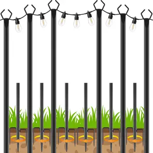 6 Pack 10 ft Heavy Duty Metal String Light Poles Adjustable Outdoor Lighting Stand for Patio,Backyard,Garden,Party & Wedding Rustproof & Sturdy with Hooks