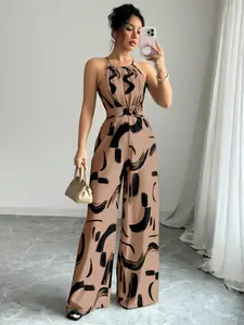 2026 Women's Elegant Boho Print Fabric Jumpsuit Loose, Perfect for Vacations & Everyday Wear, Stylish Design for Comfortable, Womenswear