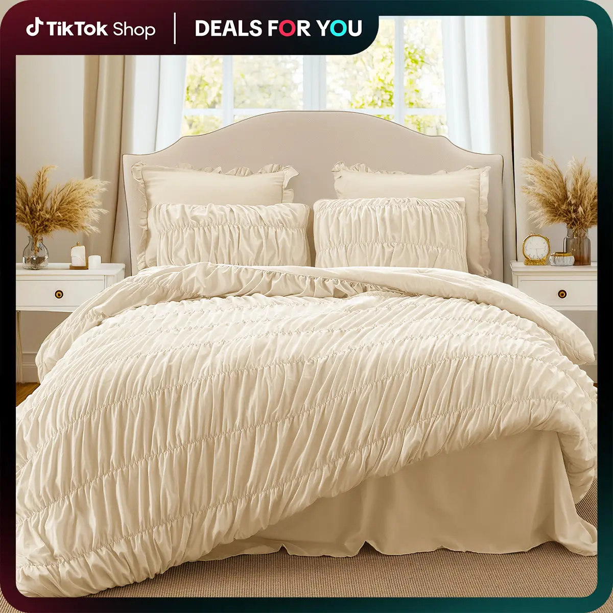INOVADAY Inovaday 3 Pieces Comforter Set Boho Fluffy Ruched Bedding with 2 Pillowcases Soft Shabby Chic Ruffle Comfy Bed Set Luxury Duvet