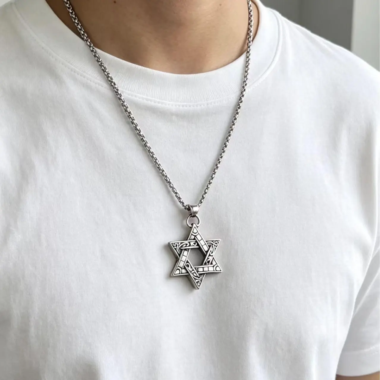 Men's Titanium Steel Hexagram Necklace, Waterproof Hip Hop Pendant, Minimalist Geometric Streetwear  Accessory good luck y-shaped chain cross design ideal mother Gradient Diamond Bead Rosary Korean Style Zircon Collarbone woman elegant cz clasp girl charm