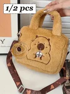 Brown capybara plush Crossbody Shoulder Bag, with cute animal print, Two-piece set (large bag + coin purse), made of full plush fabric