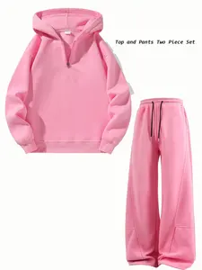 Unisex two-piece set: half-zip hooded sweatshirt + wide-leg athletic pants; casual sportswear, everyday casual wear, streetwear outfit.