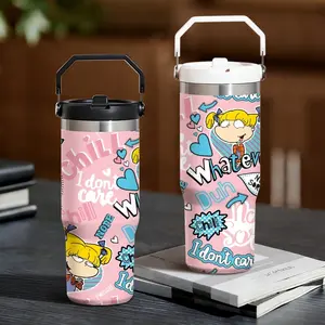 Cartoon R-Rugrats Vacuum Flasks 30oz Stainless Steel Flip Straw Tumbler with Handle | Leakproof Twist Lid | Double Wall Vacuum Insulated BPA-Free Reusable Cup for Gym, Work & Travel