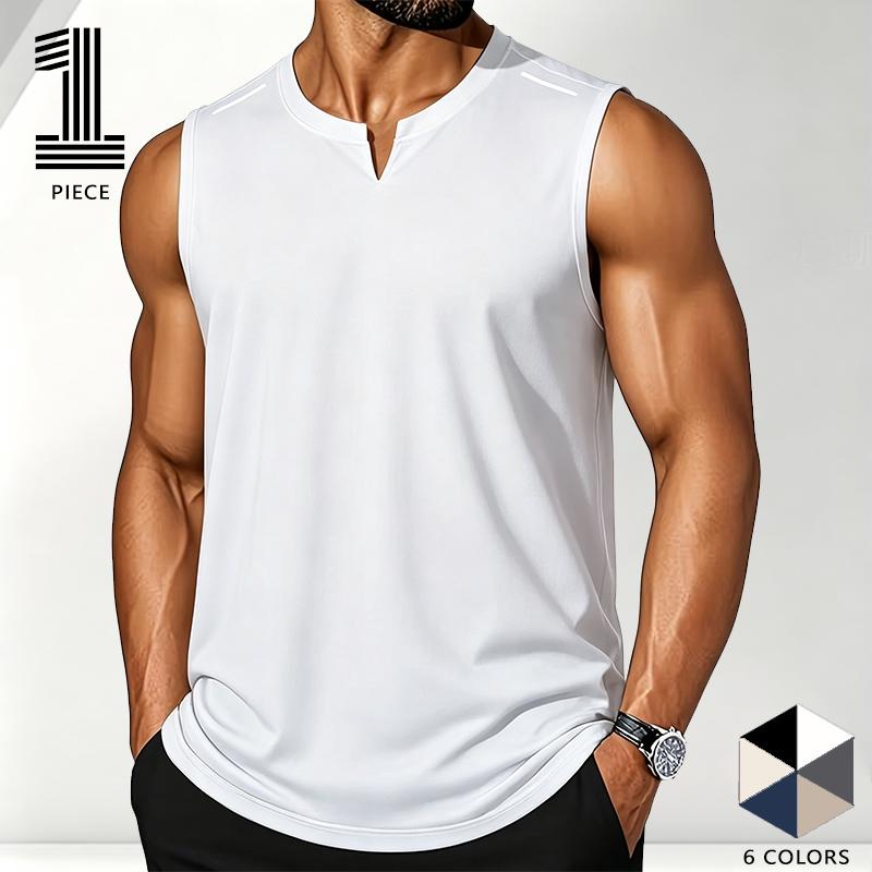 Popular European and American muscle fitness apparel: a small V-neck sleeveless sports T-shirt for men, quick-dry fitness tank top with high elasticity and reflective shoulder stripes; wearing it alone highlights muscle lines, and layering doesn’t add bul