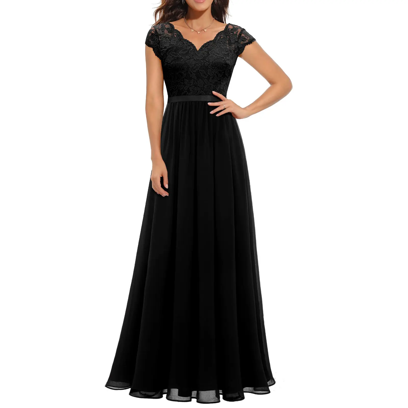 Women's Elegant Formal Maxi Dress, a Sleeveless V-Neck Solid Polyester Gown with a Backless Lace Design for Evening Parties