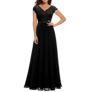 Women's Long Evening Dress, Solid Color Lace Patchwork Backless V Neck Elegant Dress, Simple  Clothes