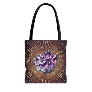 Amethyst and Gold Crystal Tote Bag, February Birthstone, Golden Dot Background, Crystal Healing Tote, Gold Accent Bag, Reusable Shopping