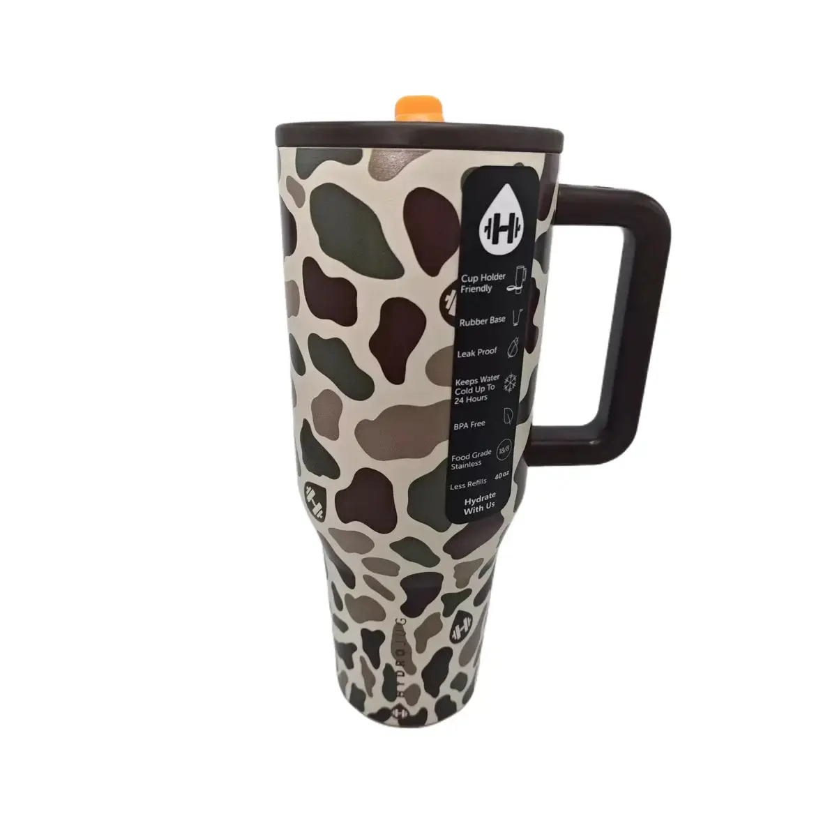 Lonshine 40oz Camo Print Insulated Stainless Steel Sports Water Bottle - Leakproof, Handle Included, Straw Included, 24hr Cold Retention, Car Cup Holder Friendly Travel Drinkware for Iced Coffee, Home Gifts Flasks Lid