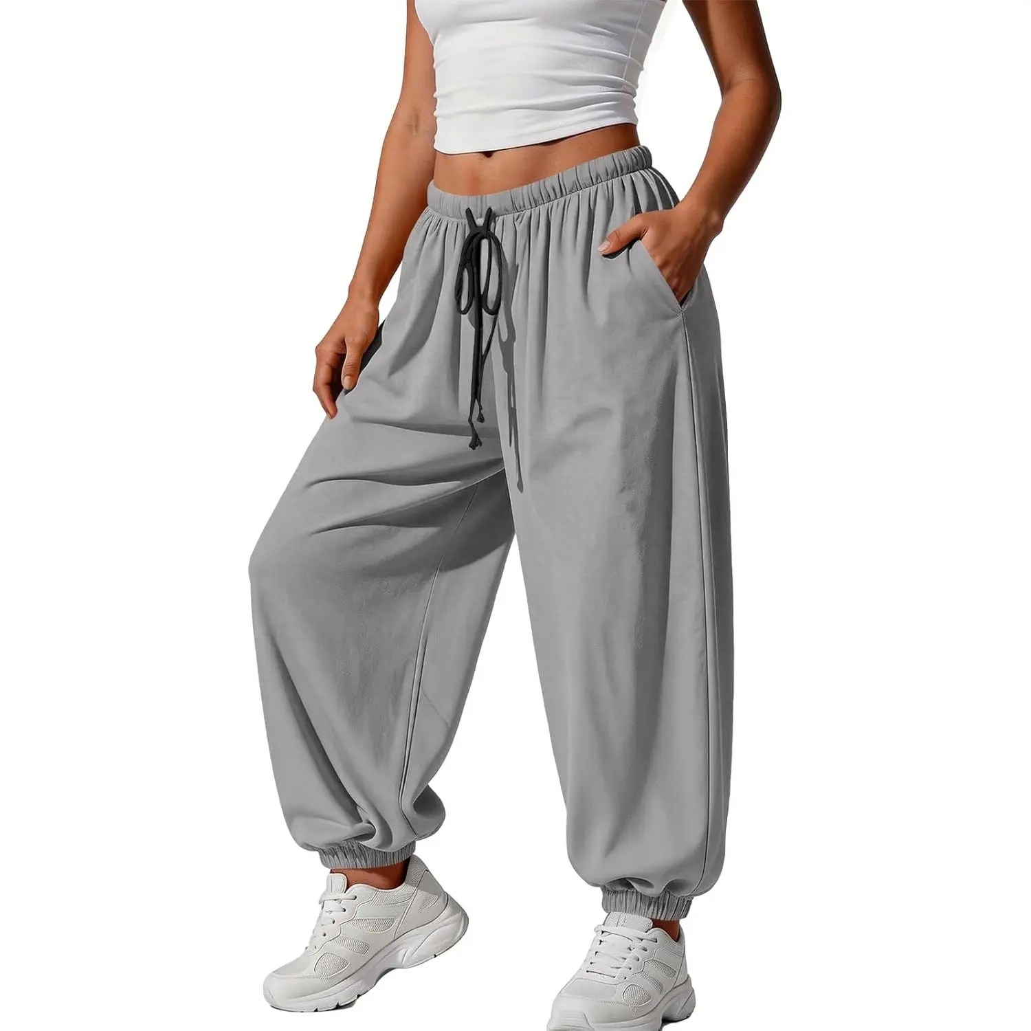 Fisoew Women's Minimalist Synthetics Bottom - Elastic Waistline Pants, Adjustable Drawstring, Pleated, Comfy Fit, Pocketed Balloon Baggy Pants for Casual Workout, Outdoor Activities, Fashion Apparel, Women's Clothes, Pants For Women