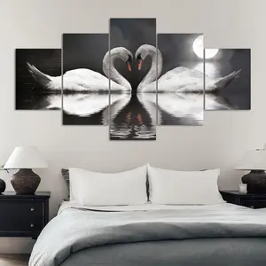 Swan Pattern Wall Art, 5 Counts/set Canvas Painting, Wall Decor for Home Living Room Bedroom Office, Home Decor, Ornaments