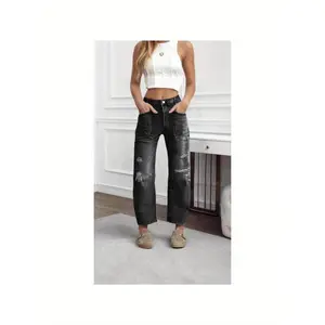 2025 New Ripped Jeans |   Large Pocket Design |   High-waisted Slim Fit |   Vintage Washed |   Versatile and Slimming |   Street Fashion Essentials Pants Womenswear Bottom Trouser Streetwear Basic Black Minimalist patch  pants