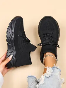 Women's Fashion Sportive Plain Color Lace Up Sneakers, Casual Comfortable Sports Low Top, Trendy Mesh Breathable Shoes for Daily Life, Breathable Walking Sneakers, Thick Sole Sneakers