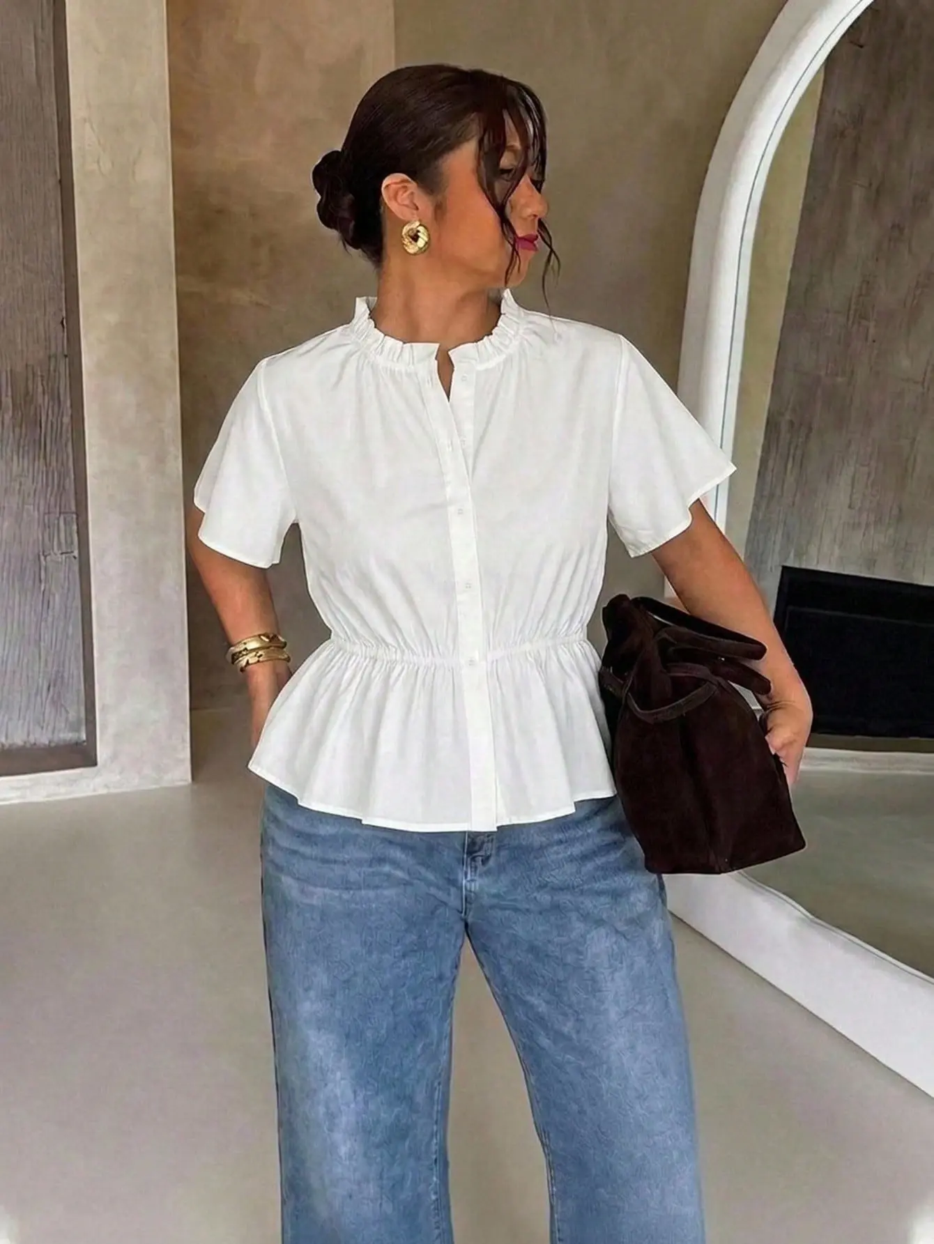LALUZ Plus Size Polka Dot Pleated Shirt Casual Versatile Everyday Outing Loose Fit Flowy Top Summer Outfit Business Casual Fashion Blouse