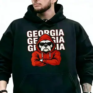 Stylish Black Hoodie Featuring Georgia Design and Striking Red Bulldog Graphic