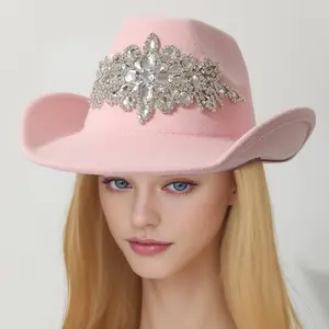 [Elegant Fedora Hat with Rhinestone] 1pc Lightweight Elegant Fedora Hat - 100% Polyester, Super Rhinestone Embellishment, Hot-Stamped, Drawstring Closure, Inelastic, for Weddings and Parties