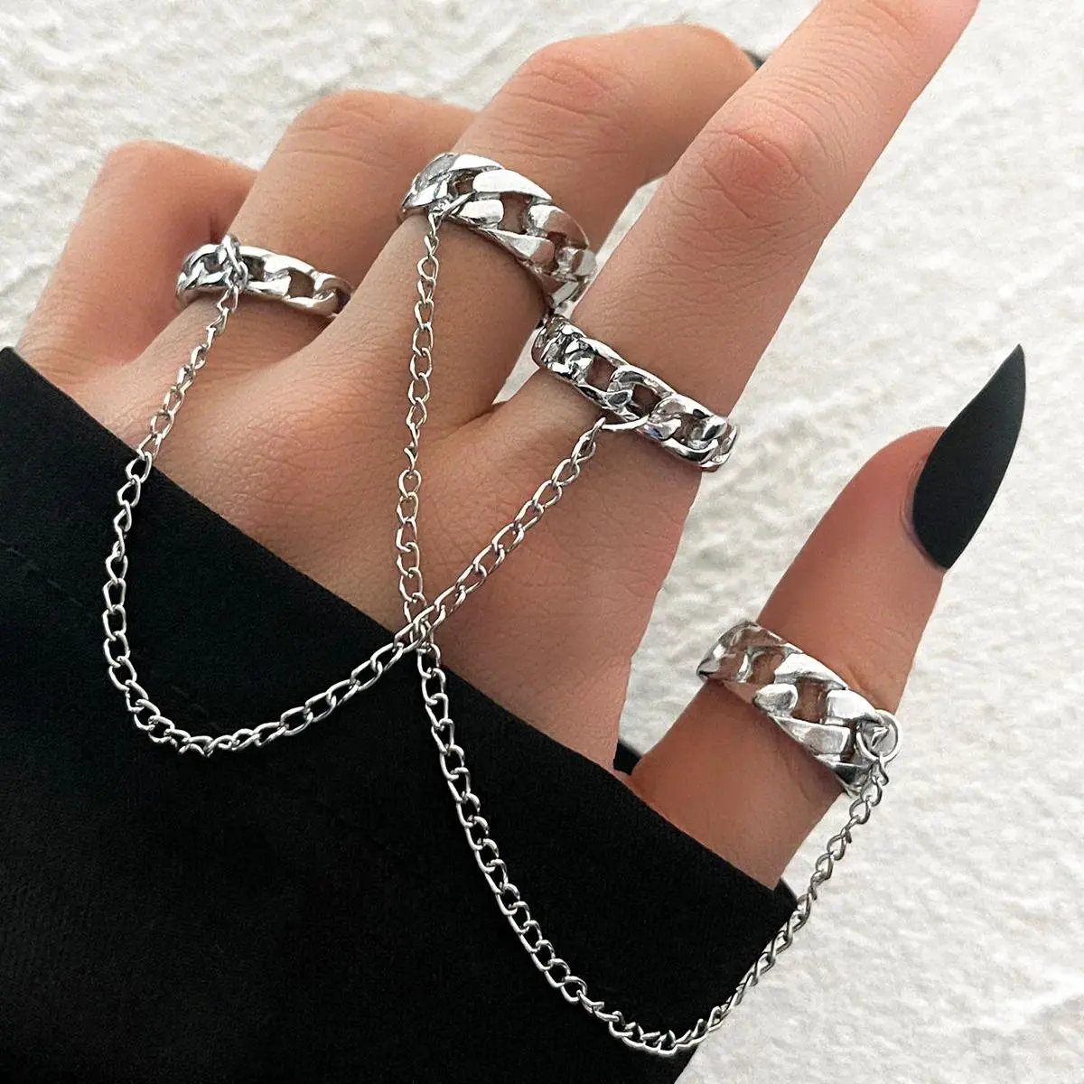 Fashion Punk Cool HipHop Tassel Chain Open Rings Set Women Multi-layer Adjustable Finger Rings Party Travel Gift Jewelry