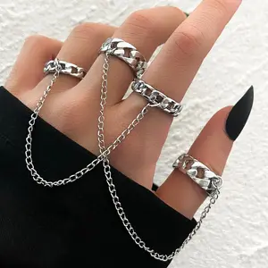 Fashion Punk Cool HipHop Tassel Chain Open Rings Set Women Multi-layer Adjustable Finger Rings Party Travel Gift Jewelry