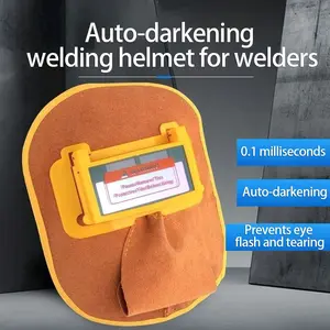 Auto-darkening orange cowhide welding helmet, head-mounted for hands-free operation. Protects against strong light, sparks and splashes, prevents face burning, providing all-round protection.