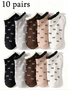 5/10 Pairs Women's Feminine Cute Plain Ruffle Bow Pattern Short Socks Low-Cut, Fashion Simple Casual Comfort, Suitable for Daily, Travel, Party, All Seasons