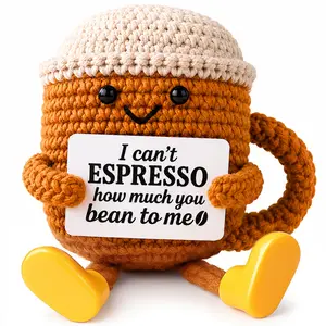 Mini Coffee Cup Desk Decor with Funny Coffee Pun Card – Crochet Ornament, Coffee Lover Gift, Coworker Thank You & Work Bestie Gift