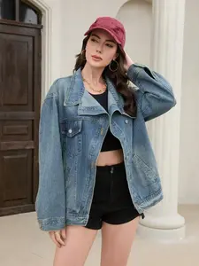 Women's Vintage Washed High Neck Asymmetric Button Loose Denim Jacket, Street Style Fashion Versatile Jacket Top, Suitable For Spring, Autumn And Winter Seasons