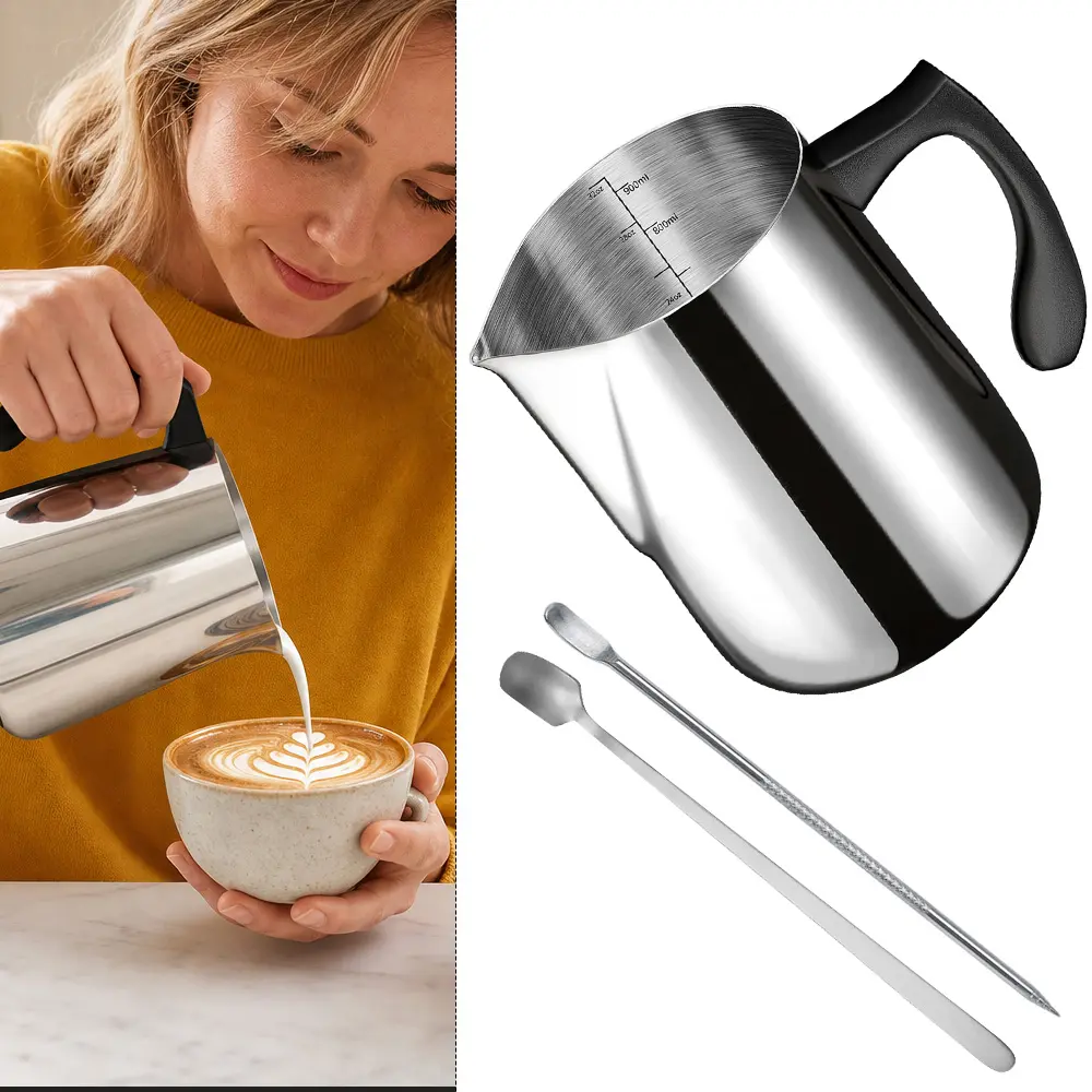 32oz 900ml 304 Stainless Steel Milk Frothing Pitcher Coffee Pot Set, Large Size, Dual Scale Display, Heat-Resistant Plastic Handle, Includes Latte Art Pen & Stirring Spoon, Ideal for DIY Crafts Coffee & Latte Enthusiasts