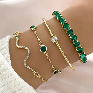 LUX-JEWEL - 4pcs Set Luxury Geometric Square Crystal Snake Chain Bracelet for Women Exquisite Trendy Green Emerald Bangle Jewelry Set Gift