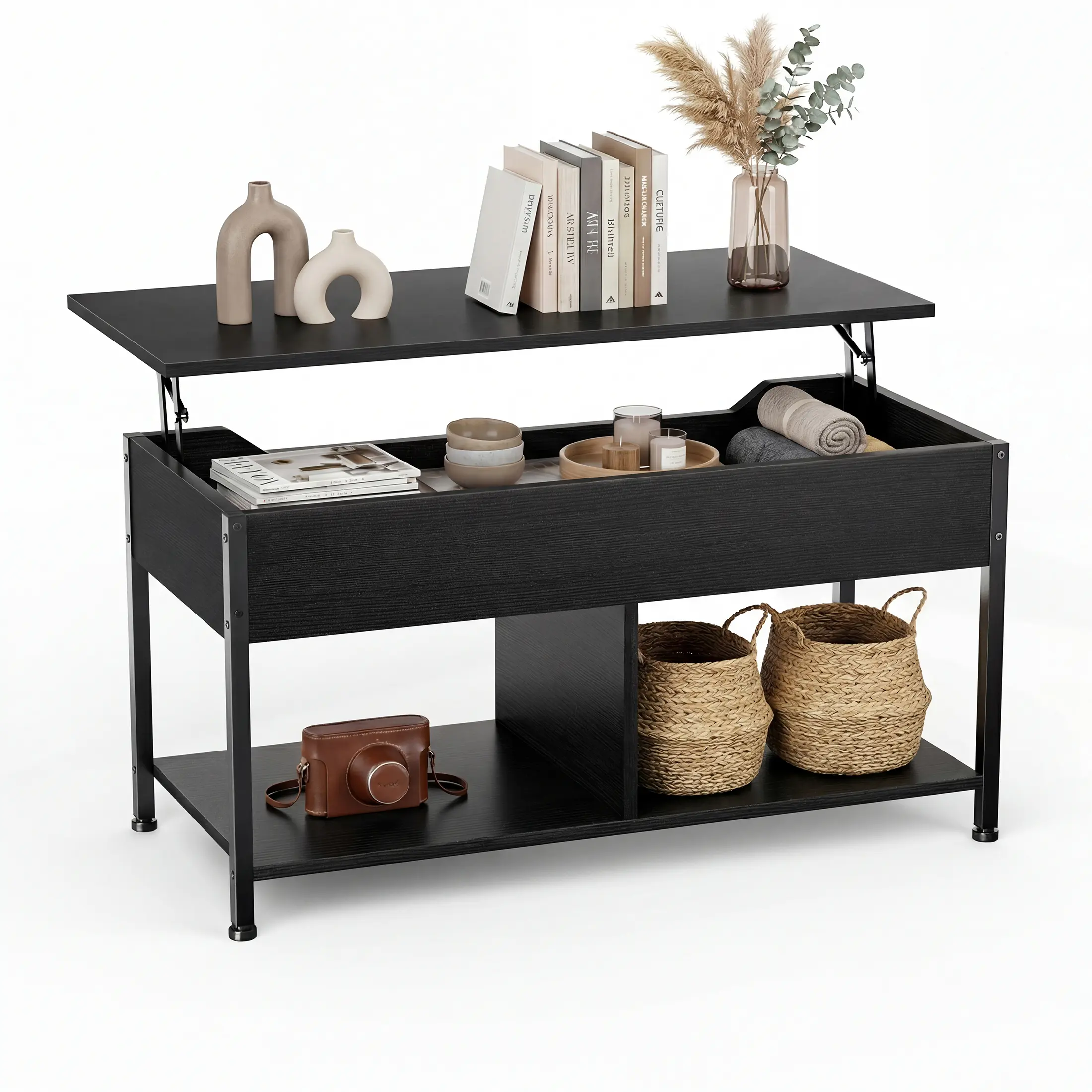 Sweetcrispy Wooden Lift-Top Coffee Table - Height-Adjustable Convertible Indoor Furniture with Storage, Metal Legs, Easy Setup, Modern Sofa Table for Living Room, Indoor Furniture Table