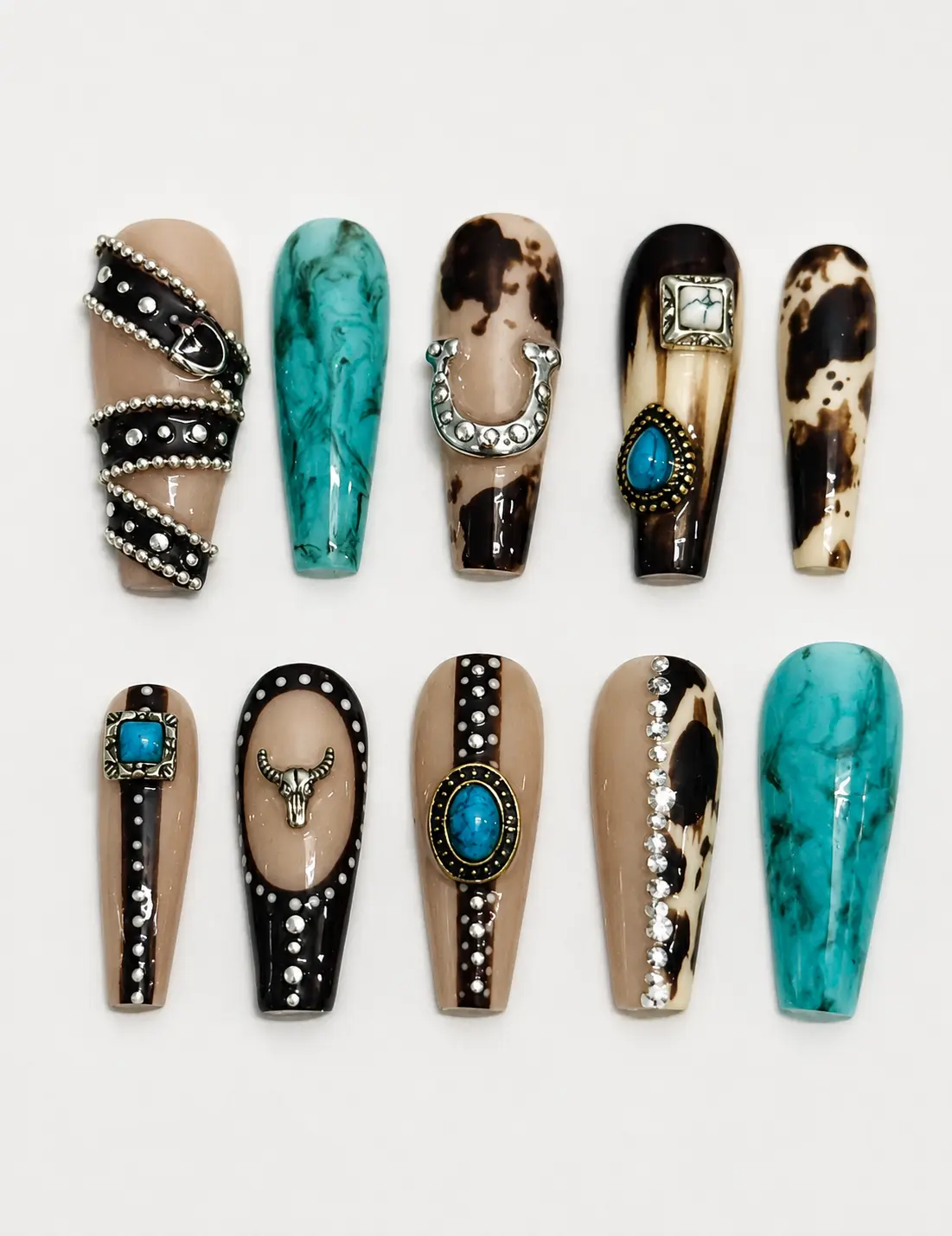 Cowboy Western Long Coffin Press On Nails – Turquoise Gemstone Cow Print Nail Art with Horseshoe, Skull Vintage Boho Rhinestone Accents