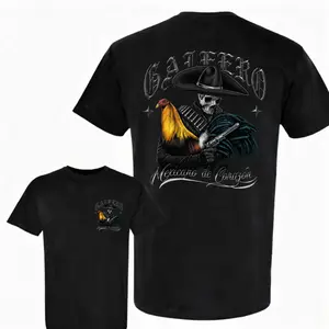 Gallero Mexicano De Corazon T-Shirt, Mexican Gamefowl Rooster Graphic Tee, Skeleton Cowboy Shirt, Gallos De Pelea Ranchero Western Style, Cockfighter Gift, Mexico Pride Chicken Lover Back Print Unisex Apparel