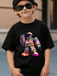Roblox Theme Fashion Print Boys' T-Shirt, Comfortable Soft Fabric, Perfect Gift for Holidays, Daily Wear Essential for Cool Boys, Cartoon Print Tee