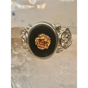 Black Hills Gold ring onyx flower rose size 7.25 sterling silver women