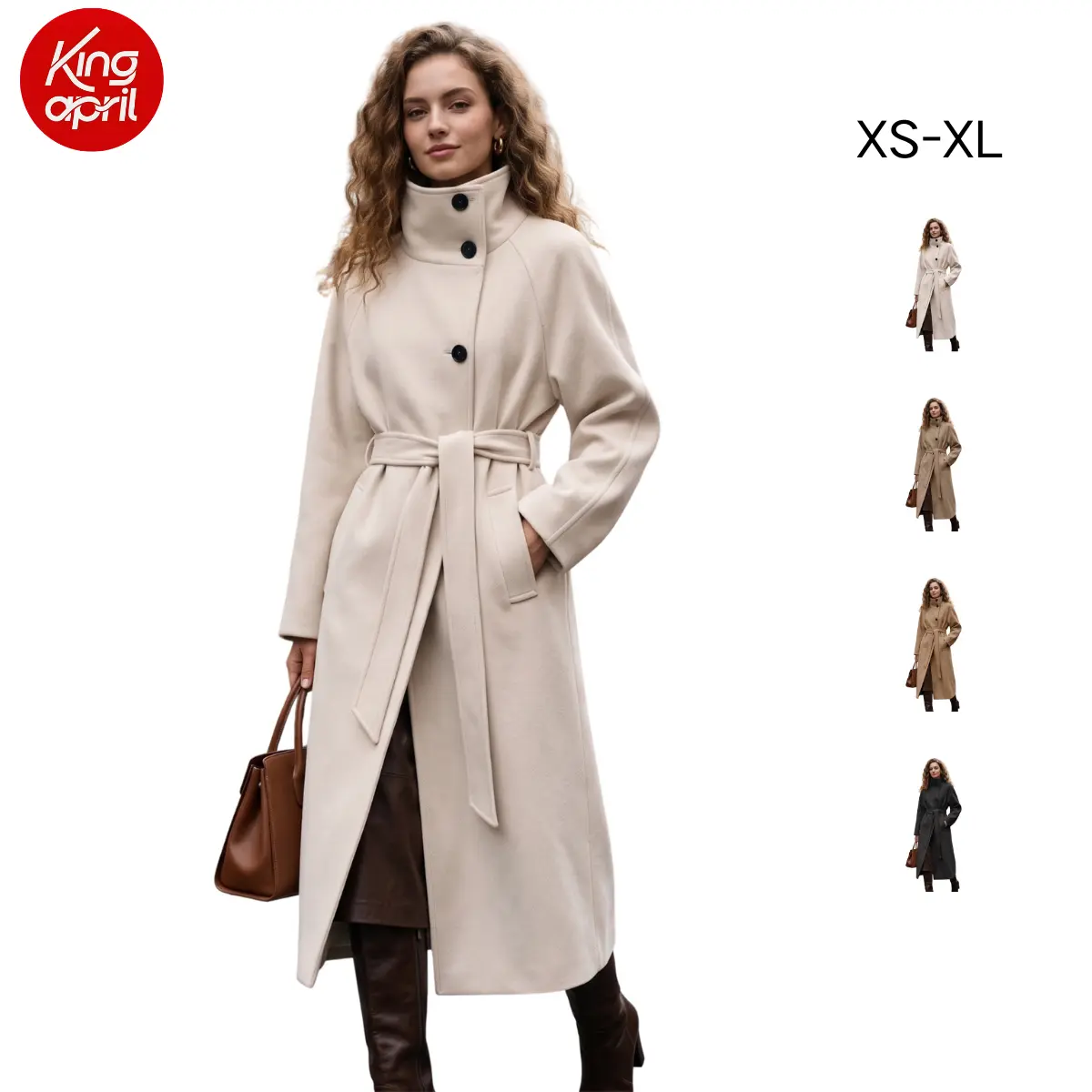 KingApril Elegant High-Neck Coat with Belt — Long Sleeves, Front Button Closure, and Pockets, Stylish Outerwear for Women.