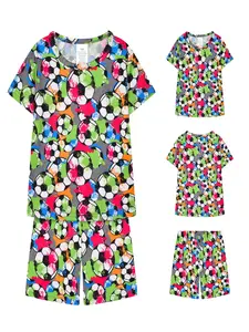 Boys' Short Sleeve Pajama Set, Football Print, Breathable Sleepwear, Casual Home, Comfortable Daily Wear, Ideal for Playtime, Pajamas
