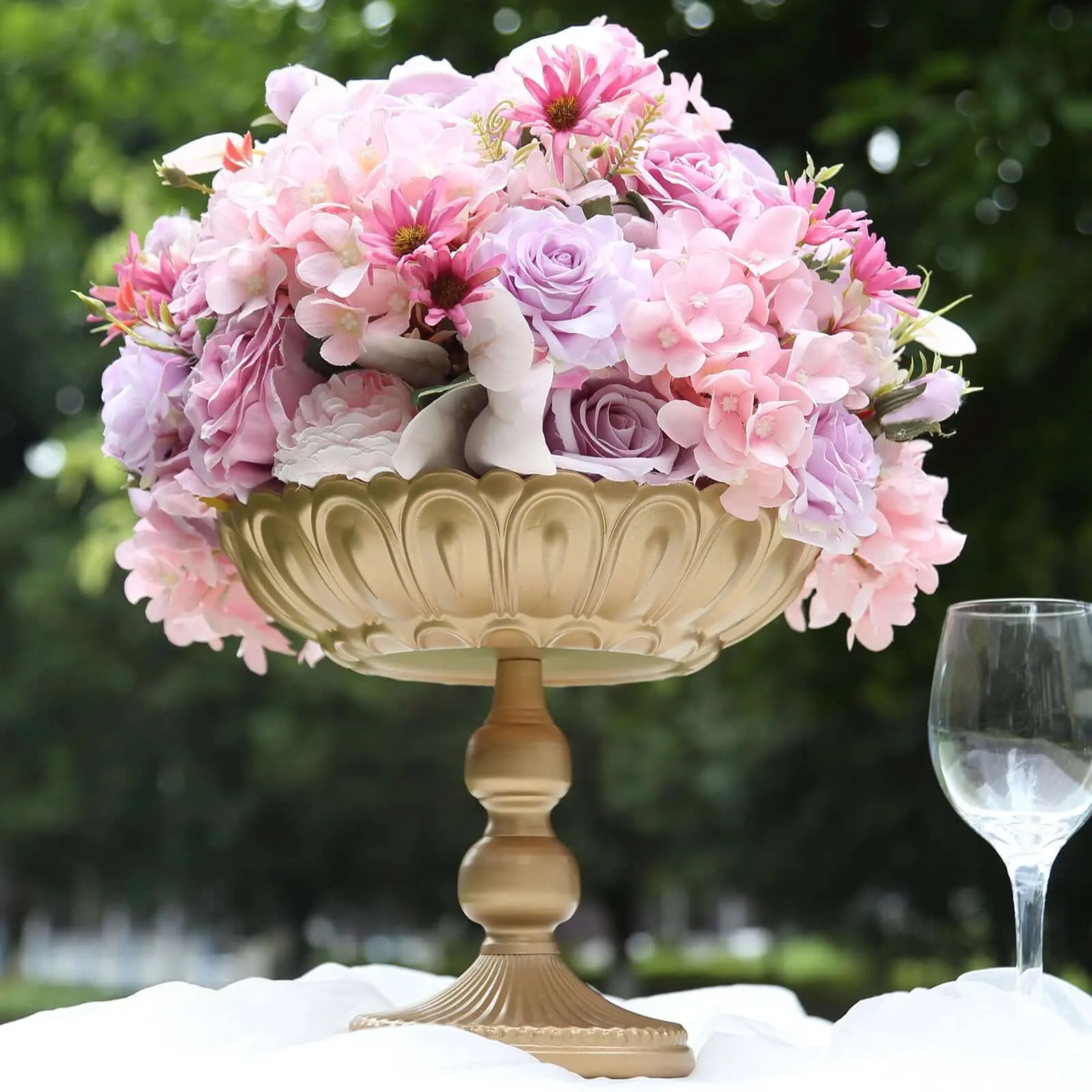 4-Pack Gold Metal Compote Pedestal Bowl Vases with Vintage Floral Pattern, 10" Decorative Vases for Home Decor & Centerpieces (Wedding Table Use), Flower Vases For Centerpieces