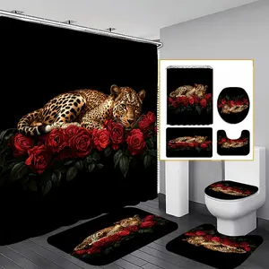 1/3/4PCS Rose Leopard Shower Curtain set, Jungle Bathroom Decor, Bathroom Decoration Accessories, Accessories with Bath Mat, U-shaped Mat, Toilet Lid Cover, 12 Hooks 180x180cm Curtain, Home Decor, bathroom accessories