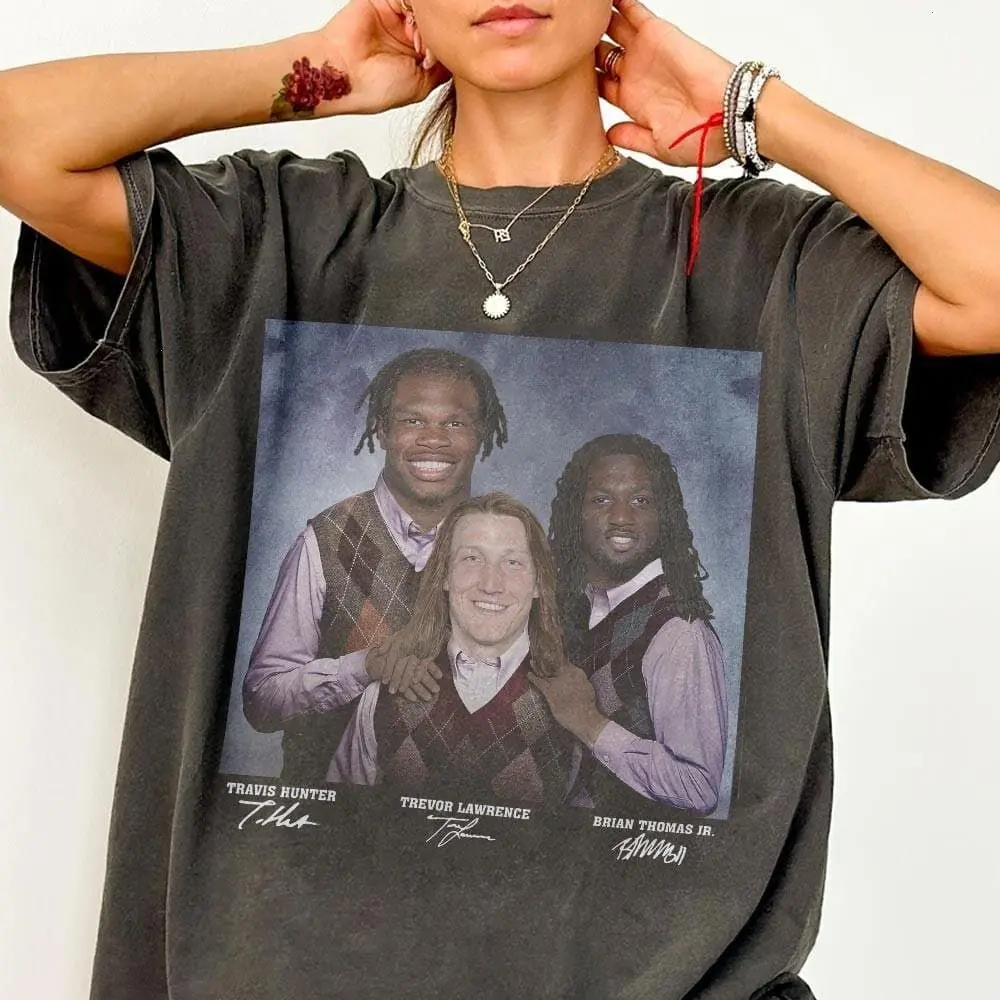 Unisex Travis Hunter-Trevor Lawrence-Brian Thomas Jr Cotton T-Shirt, Jacksonville Step Bros Parody Streetwear, Breathable Classic Casual Jaguars Football Gift Apparel