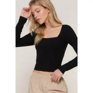 Long slv sweetheart neck seam detail knit top
