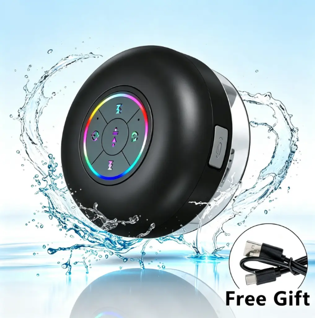 Waterproof Bluetooth Shower Speaker, Suction Cup Colorful LED Lights USB Rechargeable Portable Wireless Stereo Hands‑Free Speaker for Bathroom Pool Beach Travel, Perfect Gift
