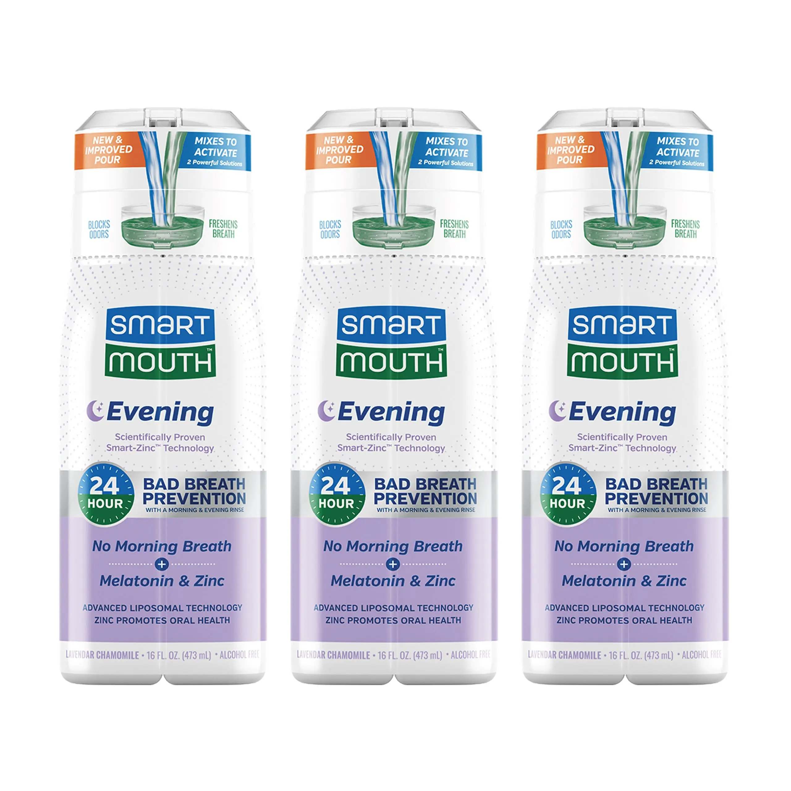 SmartMouth Advanced Liposomal Evening Mouthwash - No Morning Breath - Melatonin & Zinc - Dual-Solution Zinc-Activated Nighttime Mouthwash - Lavender & Chamomile - Alcohol Free - 16 fl oz, 3-Pack