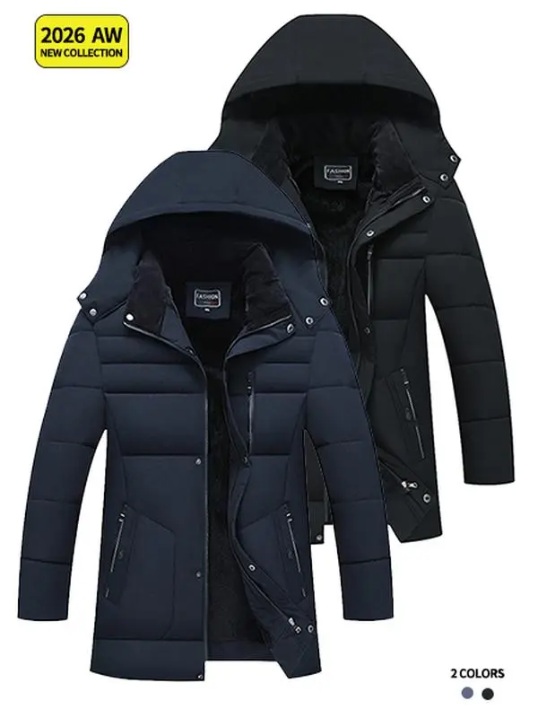 Men’s winter long hooded cotton coat with fleece lining, thickened for warmth—loose casual fit, cold-resistant, comfortable