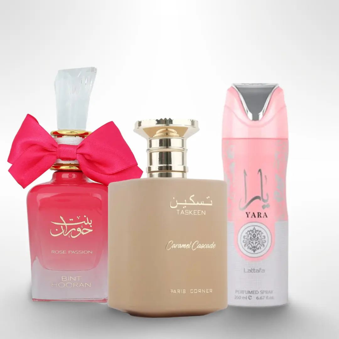 Lattafa Gender-Neutral Luxury-Inspired Fragrance Gift Bundle - BINT HOORAN Rose Passion, TASKEEN Caramel Vanilla Scent, YARA Deodorant, Flower Aroma Body Care Set, Gender-Neutral Fragrance Sets, Set Fragrance Sets